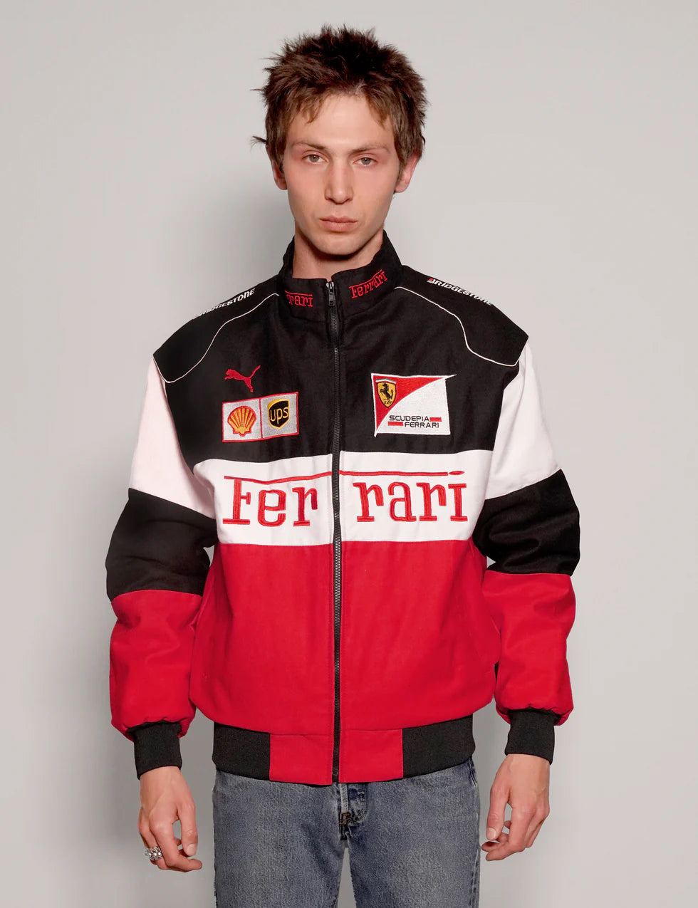 GLOID Tri-Color Ferrari Racing Jacket – Red/White/Black Motorsport Style