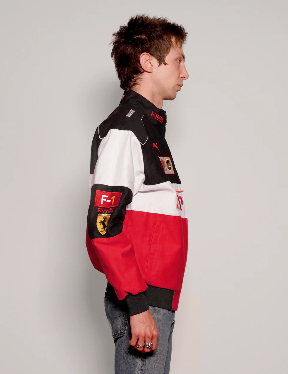 GLOID Tri-Color Ferrari Racing Jacket – Red/White/Black Motorsport Style