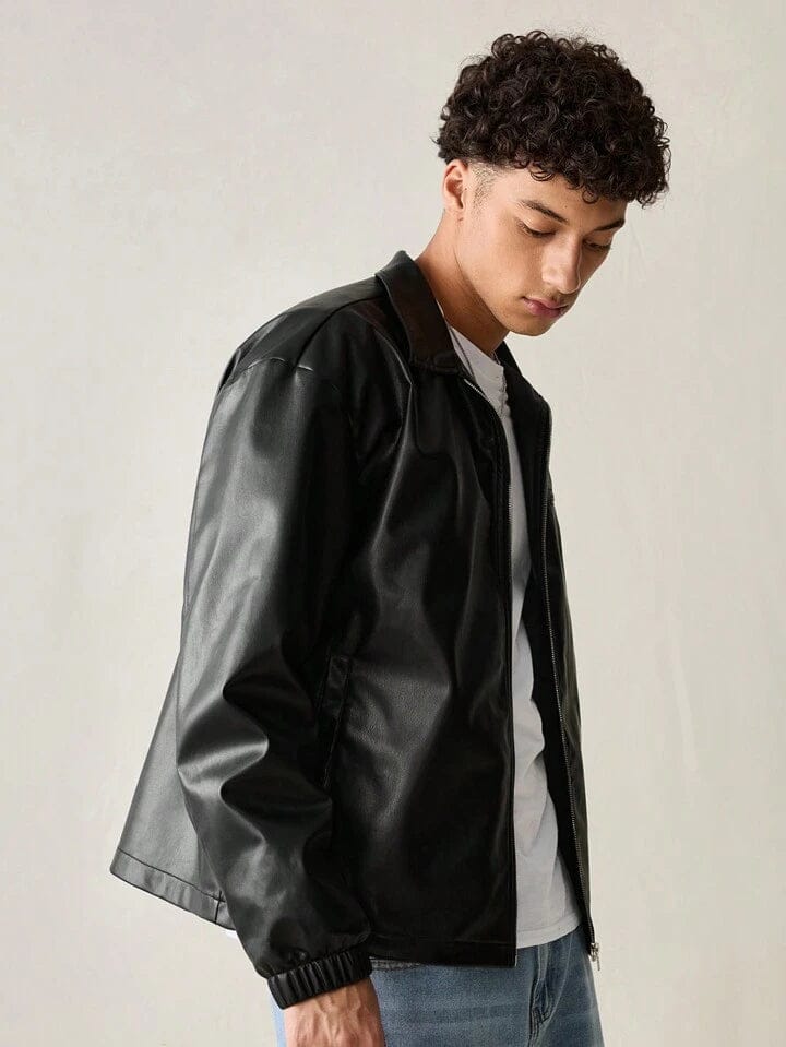 GLOID Men’s Black Faux Leather Jacket – Classic Zip-Up Streetwear Style