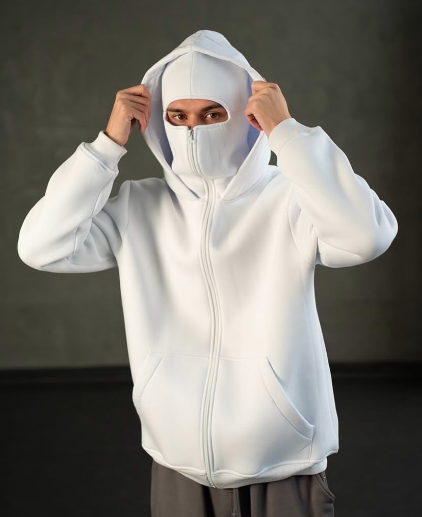 GLOID White Balaclava Hoodie – Streetwear Masked Pullover for Men & Women