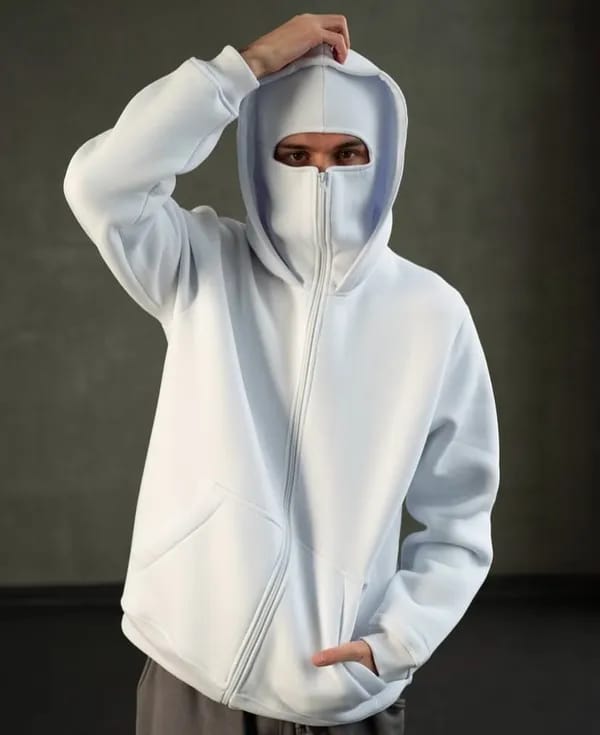 GLOID White Balaclava Hoodie – Streetwear Masked Pullover for Men & Women